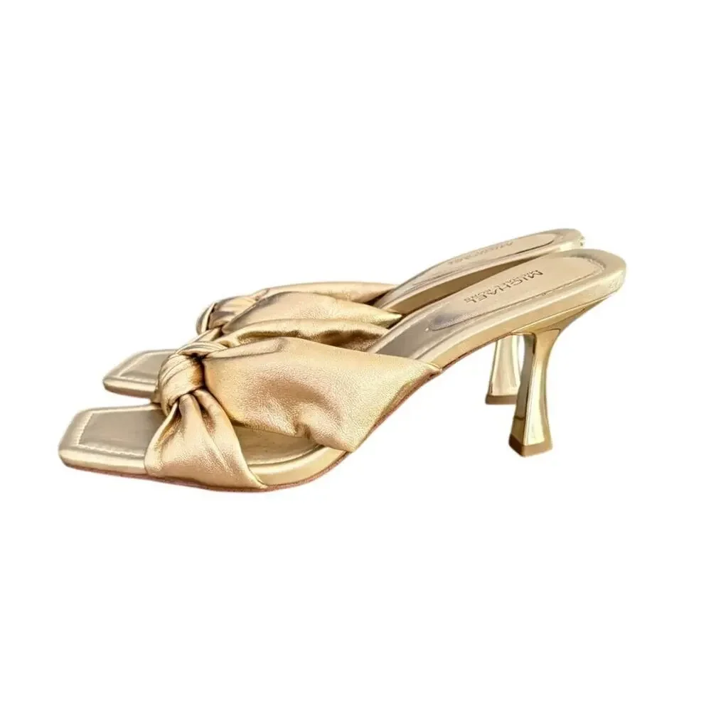 Michael Kors Metallic Gold Knot Bow Mule Heels Square Toe Size 8.5